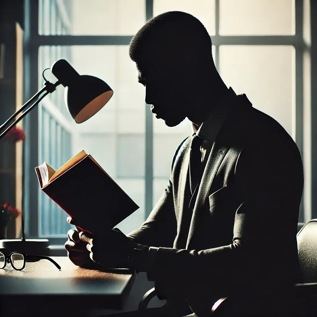 A silhouette of a Black man in his late 30s, sitting at a desk his office, reading an important book. 