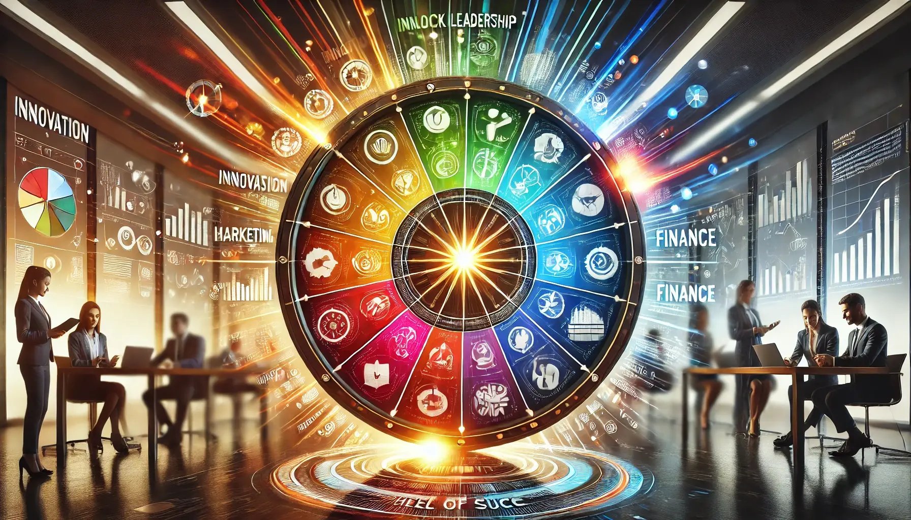 DALL·E 2024-09-06 00.37.08 - A dynamic and modern image featuring the concept of Unlock your businesss potential with the Wheel of Success strategies. The central focus is a la