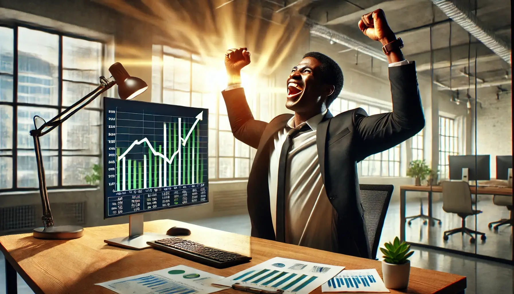 DALL·E 2024-08-24 01.09.29 - A wide image of a Black man in his late 30s in a modern office, joyfully reacting to a miraculous turnaround in his business. He is standing at his de