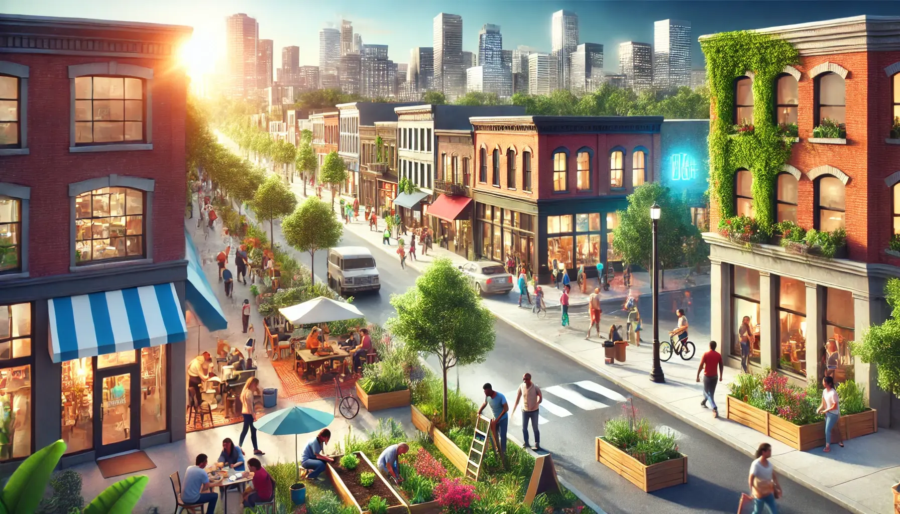 Revitalizing urban communities through purpose-driven investment. The scene shows a vibrant urban neighborhood.