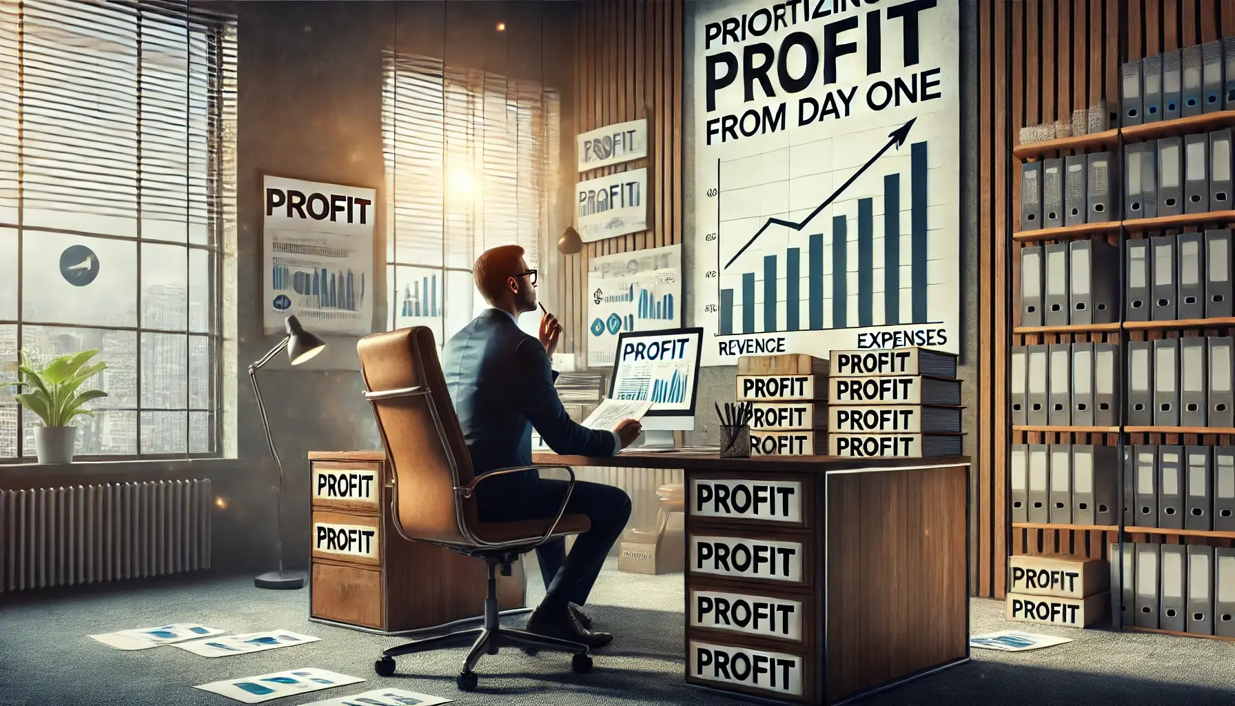 DALL·E 2024-09-13 20.00.44 - A realistic image that embodies the concept of prioritizing profit from day one to ensure consistent profitability. The scene is a professional office